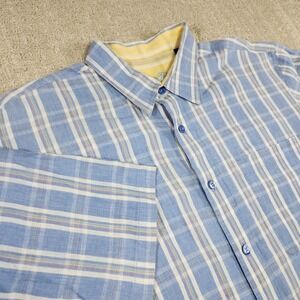 Indigo Palms Shirt Mens Large Linen Blue Button Down Plaid Beach Tommy Bahama